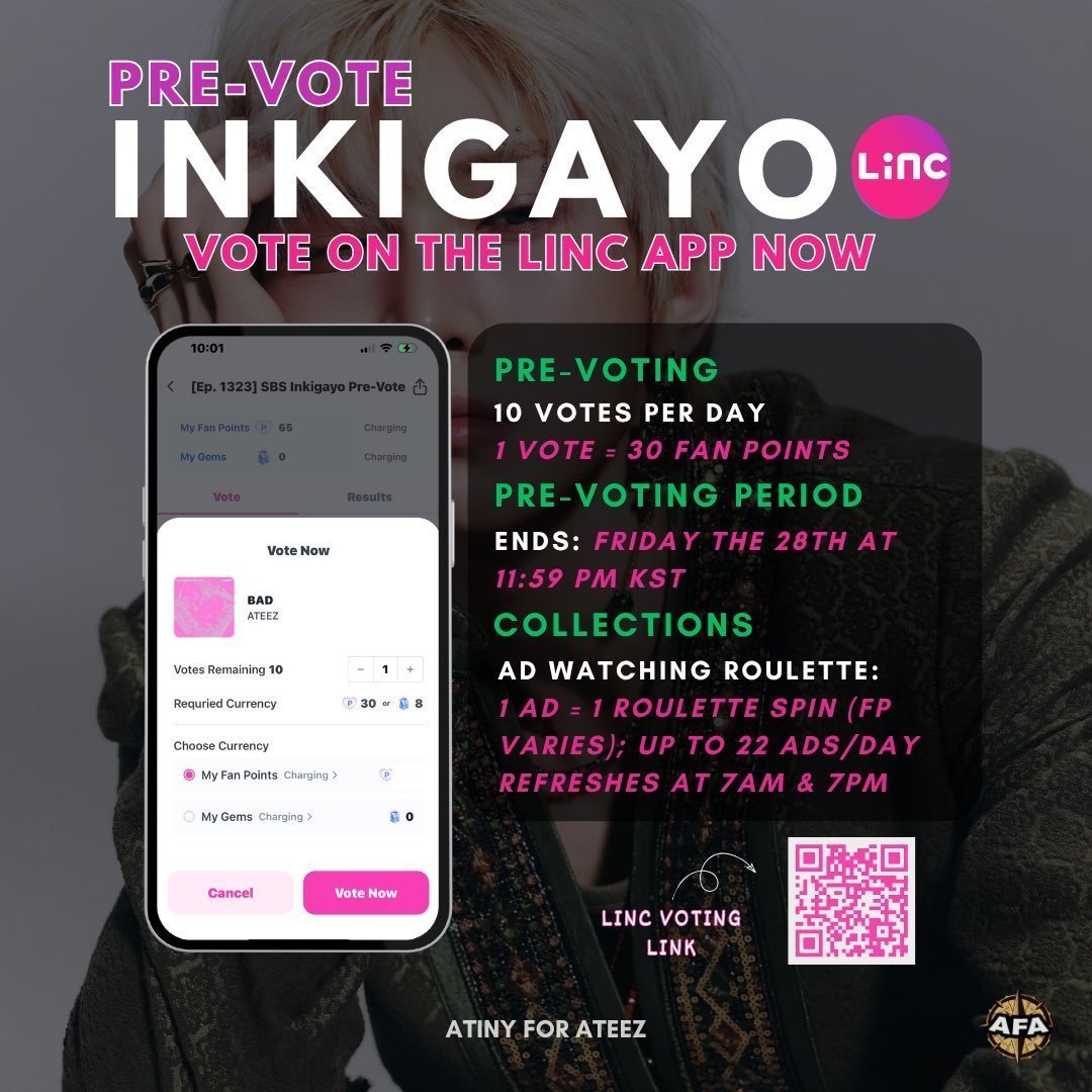 ateezjpeg's tweet photo. 🚨REMINDERS
Inkigayo tracking has started so make sure to STREAM on: 
→ Spotify/AppMu &amp; join Genie volunteer team, if you can!
→ BAD official MV (this covers 2K points) https://t.co/sCKFeWrTTh

VOTING:
→ Linc + Tin: Collect + pre-vote now!
→ Higher: SAVE for Sep 13 live vote! https://t.co/YZvTPa47DX
