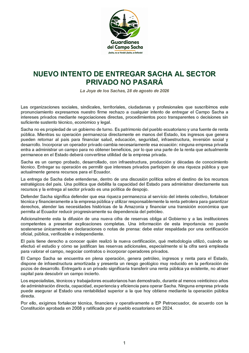 de_petrolero's tweet photo. 🇪🇨🇪🇨 En el Cantón la Joya de los Sachas, el 28 agosto/26, se reunieron más de 350 ciudadanos de diversas provincias incluidas Orellana y Sucumbíos, para analizar la situación del campo petrolero Sacha y pronunciarse por la defensa del sector petrolero.🛢️🛢️🇪🇨🇪🇨
#SachaNoSeVende
#SachaSeDefiende
#GuardianesCampoSacha