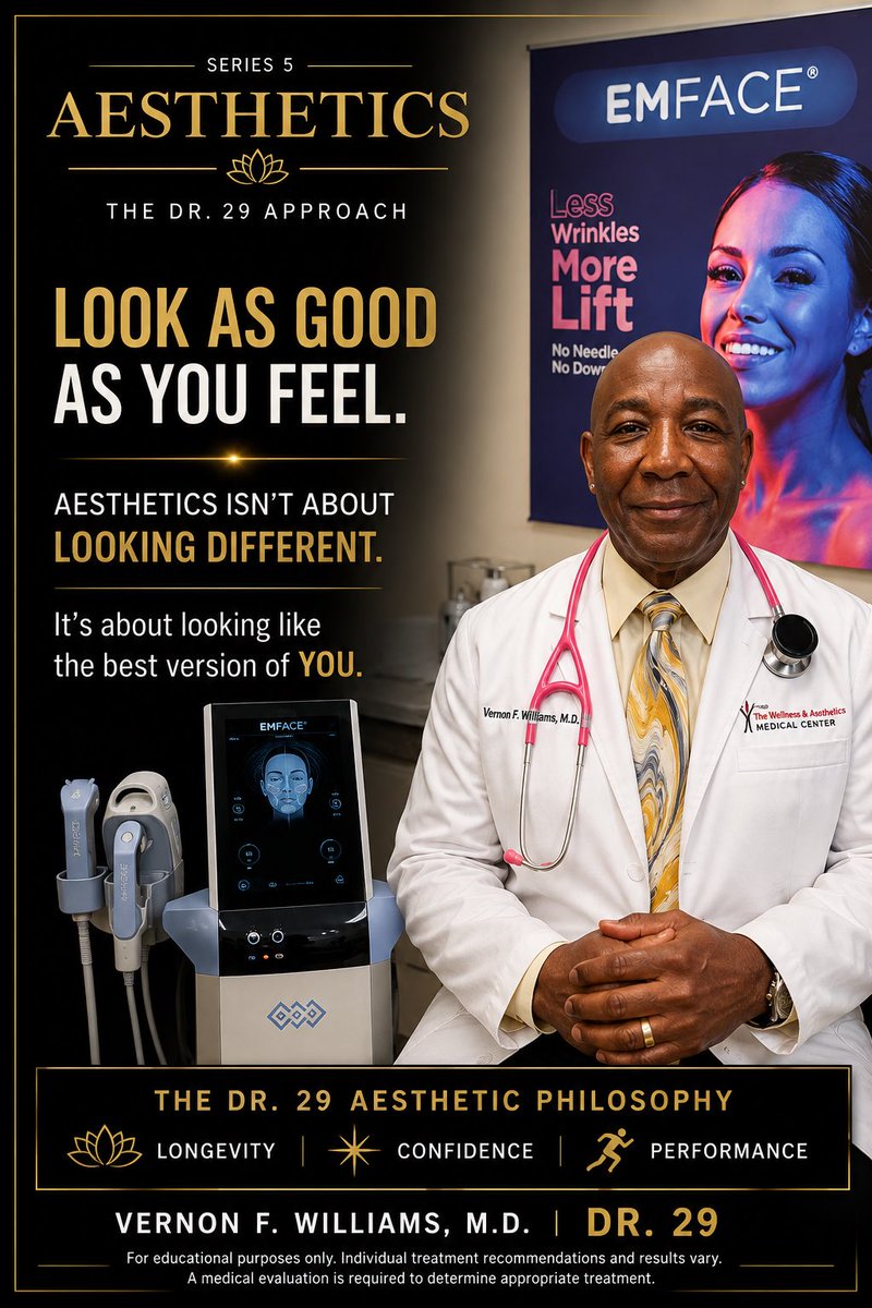 VFWILLIMD's tweet photo. SERIES 5 — AESTHETICS

Looking Better Is Part of Living Better.

Aesthetics isn’t about changing who you are.

It’s about helping the outside reflect the energy, vitality, and confidence you feel on the inside.

Modern aesthetic medicine has moved far beyond simply treating wrinkles. Today, we can address skin quality, facial structure, muscle tone, collagen, pigmentation, texture, body composition, and overall appearance using advanced technologies—often without surgery.

My approach is simple:

Don’t chase a different face.
Don’t chase an age.
Optimize what you already have.

Because longevity isn’t only about adding years to your life.

It’s about looking good, feeling good, and performing well during those years.

That’s why I consider aesthetics one part of a much larger longevity strategy:

LONGEVITY • CONFIDENCE • PERFORMANCE

VERNON F. WILLIAMS, M.D. | DR. 29

For educational purposes only. Individual results vary. Treatment recommendations should be based on an individualized medical evaluation.

#Dr29 #Aesthetics #AestheticMedicine #Longevity #HealthyAging #AgePowerfully #LookGoodFeelGood #Confidence #Performance #longevitymedicine