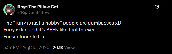 Pony_of_Awesome's tweet photo. I've been a furry for 5 more years than this person has even been alive.

Furry is 100% a hobby. https://t.co/g7RnNL64k9