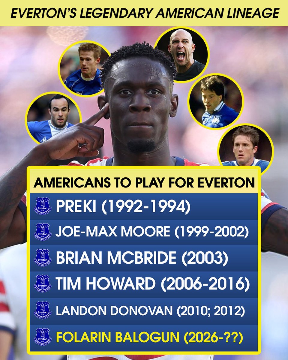 MenInBlazers's tweet photo. Folarin Balogun would become the sixth American man to appear in a match for Everton, all of whom have are in the United States’ National Soccer Hall of Fame 🤯

The latest in an almost biblical lineage of USMNTers 🇺🇸 https://t.co/yJ6D5lS7Q5