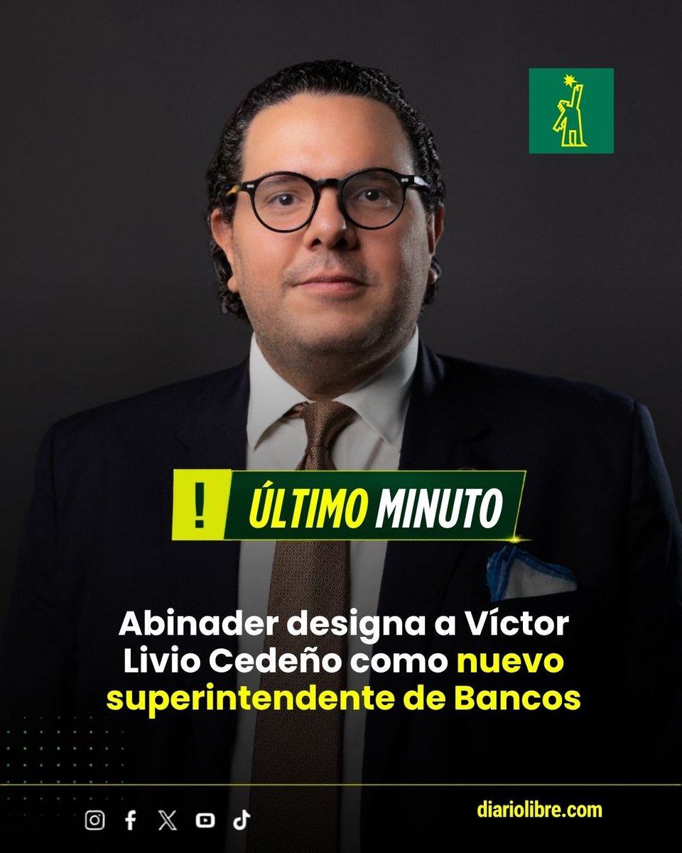 DiarioLibre's tweet photo. 🔴|#ÚltimoMinutoDL| El presidente Luis Abinader emitió el Decreto 606-26 que designa a Víctor Livio Enmanuel Cedeño Brea como el nuevo superintendente de Bancos de la República Dominicana. El nuevo funcionario sustituye en el puesto a Alejandro Fernández Whipple, quien se mantuvo liderando la institución por seis años consecutivos.

#DiarioLibre #Decreto60626 #LuisAbinader #SuperintendenciaDeBancos #VíctorLivioCedeño #AlejandroFernández #FinanzasRD
