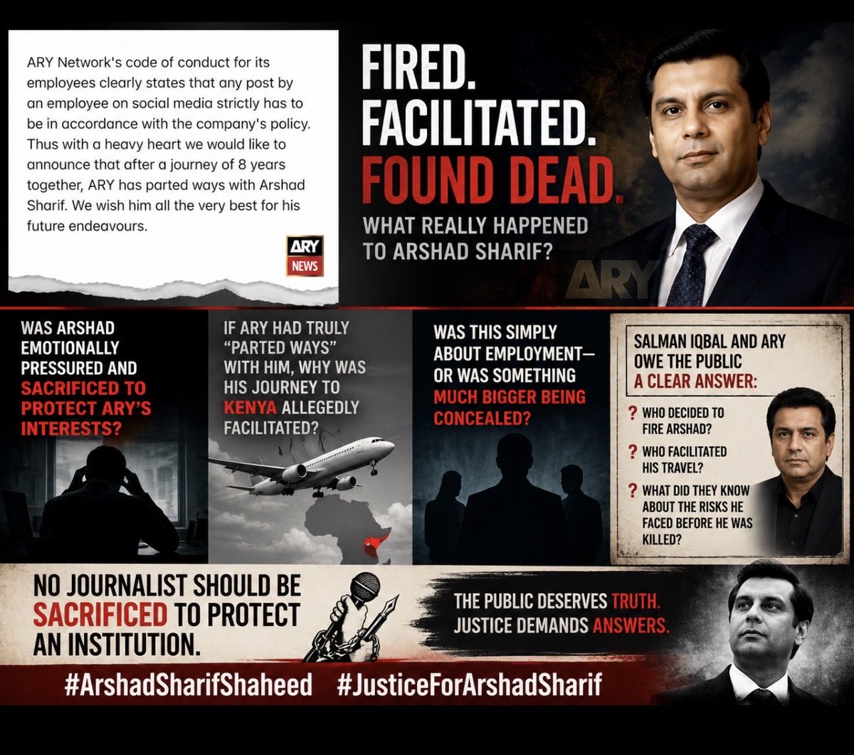 NudratAlvi1's tweet photo. If @Salman_ARY had genuinely “#parted ways” with #ArshadSharif the public deserves to know why was his subsequent #journey to #Kenya allegedly #facilitated by people connected with #ARY? Was his dismissal simply an employment decision, or were there other considerations behind it https://t.co/UKLXtVKtqI