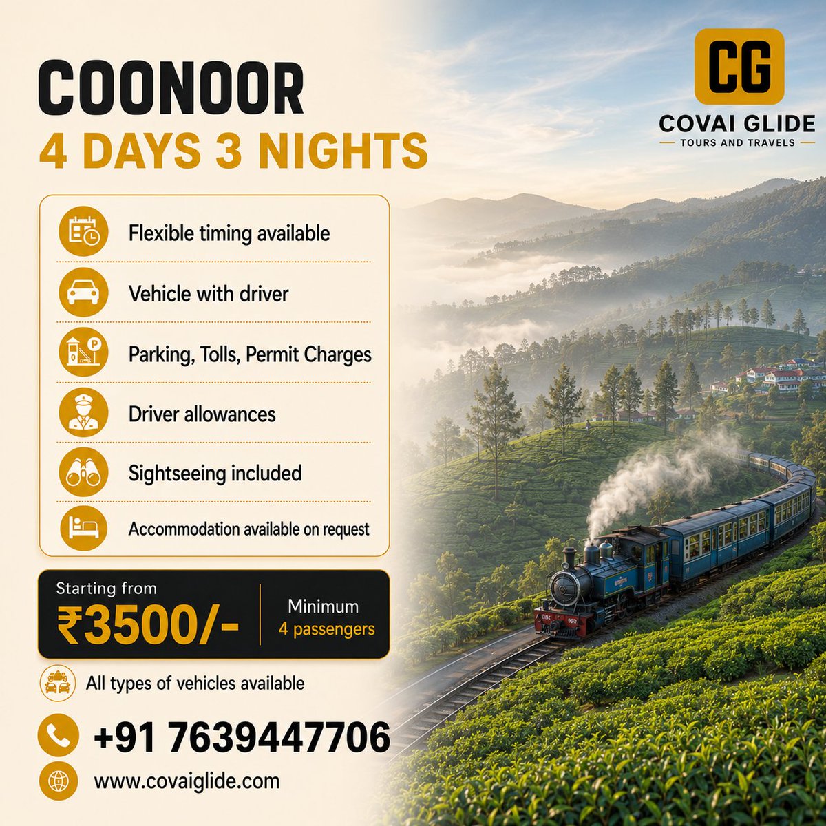 covaiglide's tweet photo. Coonoor 4 Days / 3 Nights Tour Package from Coimbatore
Starting from ₹3,500 per person for a minimum of 4 passengers.
✓ Private vehicle
✓ Coimbatore pickup and drop
✓ Coonoor sightseeing
✓ Experienced driver

Book Now
 https://t.co/NoC0xUXpOt
#CoonoorTourPackage #CovaiGlide https://t.co/nEIUtvEyBX