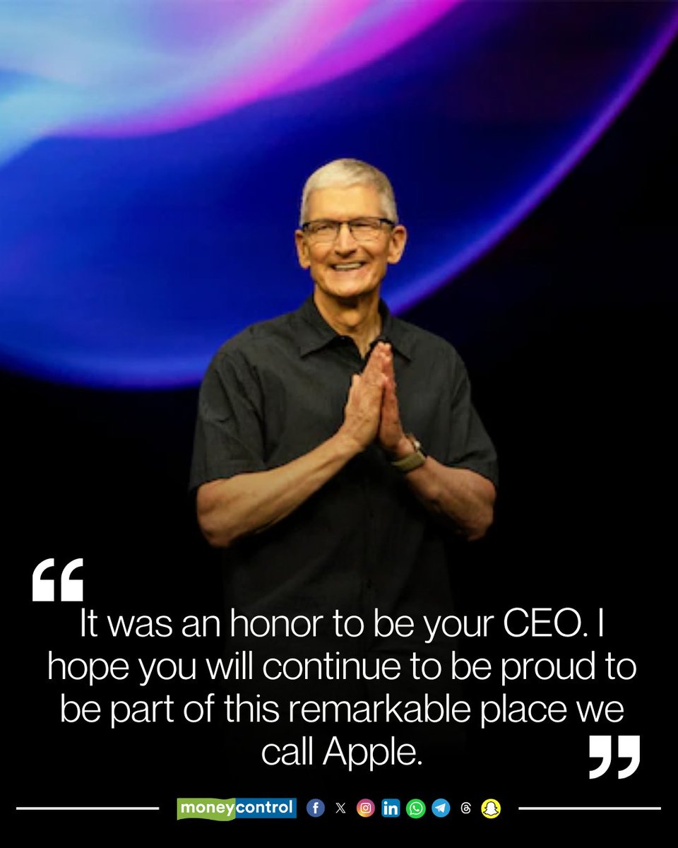 moneycontrolcom's tweet photo. Tim Cook's final day as Apple CEO.

Apple's Tim Cook told employees that he’ll miss the role of chief executive officer but has “enormous comfort” in the leadership of his replacement, John Ternus.

Cook made the comments in an email to all employees on August 31st, his final day as CEO. Cook took over for Steve Jobs in August 2011, when he embarked on a record-breaking 15-year tenure that included the launch of the Apple Watch, AirPods, and major expansions to the iPhone, iPad and Mac lines.

“As you know, I am not leaving Apple. But I am stepping away from a role that I have loved deeply,” Cook said in his email. “I will miss this work in ways I can only begin to imagine, even as I remain completely at peace with my decision.”

Here's what Tim Cook wrote in his final memo to all employees as CEO.  

#TimCook #Apple