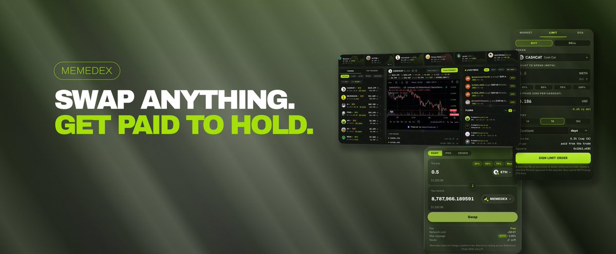 MEMEDEX_token's tweet photo. Update: dev did some stuff 👇

> One-tap trading. Approve + swap in a single wallet confirmation on Robinhood Chain. No more double wallet prompts.
> Leaner dividend keeper to cut gas fees by ~42%
> Faster order quotes under the hood
> Improved launchpad/bonding curve token trading in-app. Now fully tradeable both ways with one atomic tx. I built our own onchain routers to do it. Better price than the aggregator, no middleman markup
> Routing reliability overhaul
> General platform performance upgrades