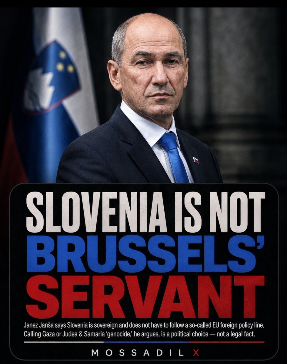 MOSSADil's tweet photo. 🇸🇮 JANEZ JANŠA: SLOVENIA IS NO ONE’S SERVANT AND WON’T CALL GAZA “GENOCIDE” TO PLEASE BRUSSELS

Former Slovenian PM Janez Janša’s message is blunt: Slovenia is sovereign, EU foreign policy requires its consent, and calling Gaza or Judea & Samaria a “genocide” is a political position, not a legal determination.

He says Slovenia’s government should put the interests and well-being of the Slovenian people first.

At a time when the Palestinian cause is increasingly treated in parts of Europe as something that overrides national interest, sovereignty and even basic factual distinctions, that clarity matters.

Israel needs friends who are willing to challenge the consensus when they believe the consensus is wrong.

Thank you, @JJansaSDS, for the friendship, and for saying it plainly.