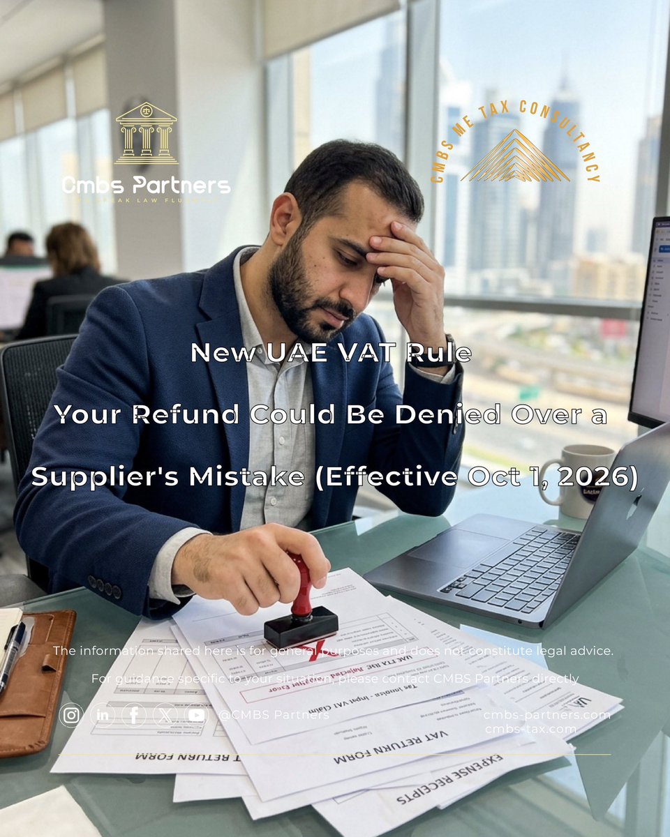 CMBSPartners's tweet photo. Under UAE Federal Tax Authority (FTA) Decision No. 13 of 2026, businesses can no longer treat input VAT recovery as automatic.

🔗 Link in bio | DM us to get started

#UAEVAT #VATRefund #FTADecision13 #UAETaxCompliance #InputVAT #UAEBusinesses #TaxEvasion #UAETaxUpdates2026 https://t.co/hFL4tRhFbd