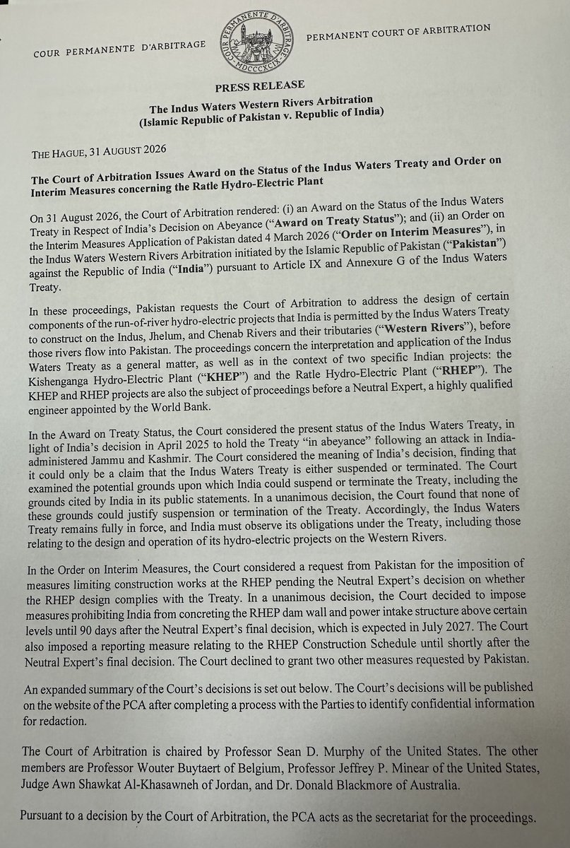 HiraYasirr2002's tweet photo. Big Victory for Pakistan at The Hague🇵🇰⚖️
The Permanent Court of Arbitration has ruled that the Indus Waters Treaty remains fully in force.
Judges from the USA 🇧🇪🇦🇺🇯🇴 confirmed 🇮🇳 had no legal justification to suspend or end the agreement.
A clear win for Pakistan water rights. https://t.co/ufWfEvrDZD