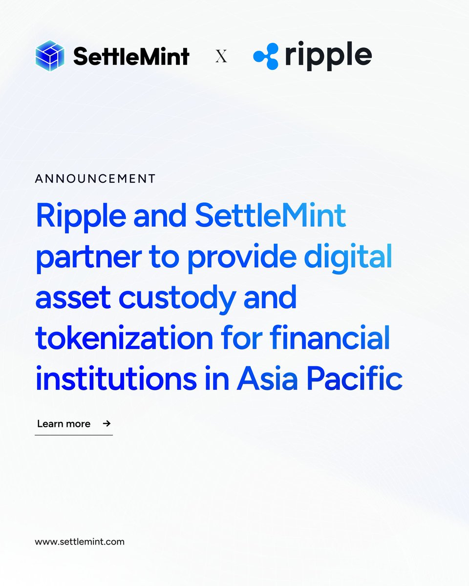 SettleMintCom's tweet photo. Today, we’re proud to announce a landmark partnership between SettleMint and @Ripple that offers regulated financial institutions a single, connected foundation for digital asset custody, issuance and lifecycle management.

Read the announcement: https://t.co/QkLvqg50Xl https://t.co/1CVO1wCakf