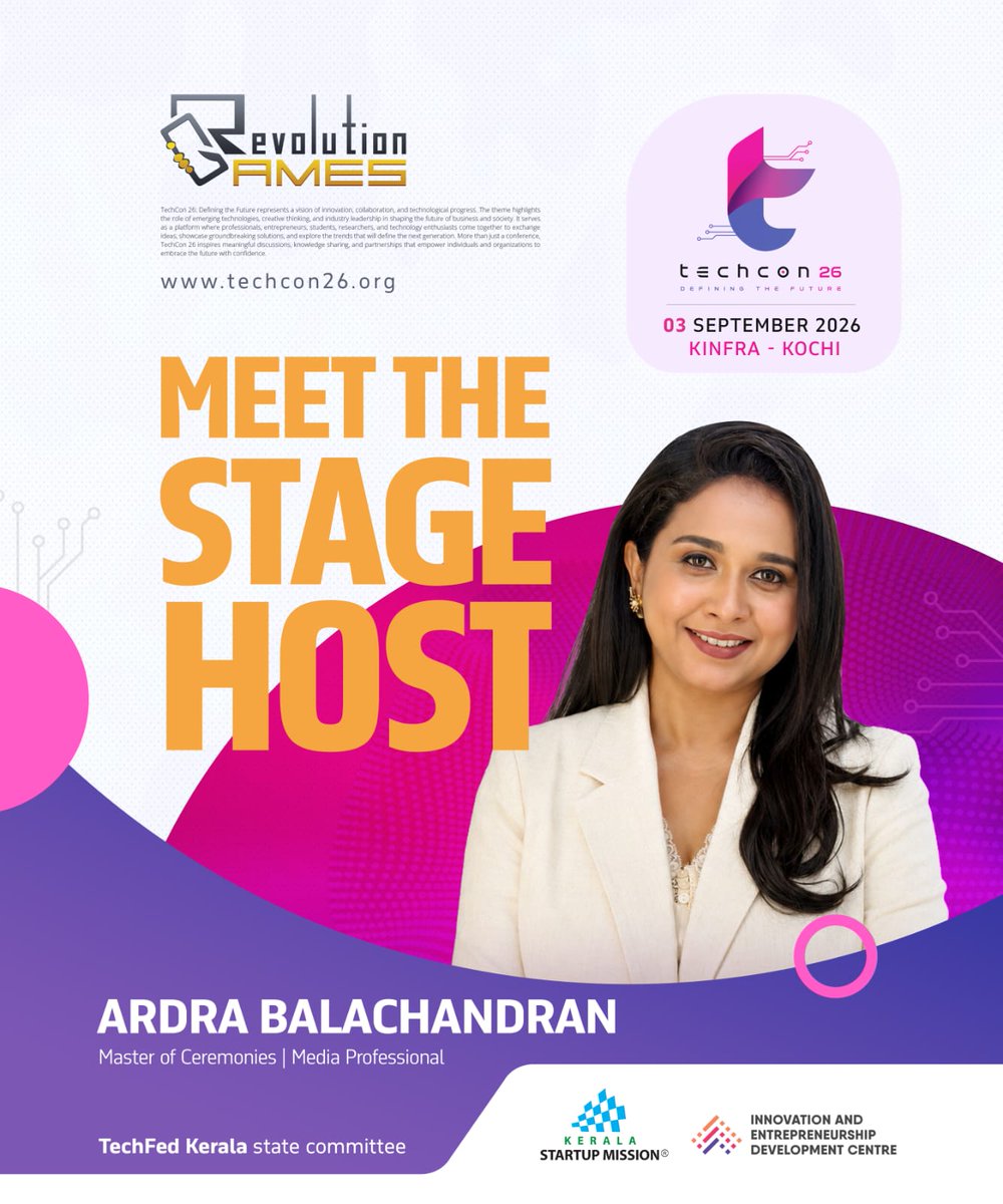 RevoRacers's tweet photo. π€ MEET THE STAGE HOST! β¨
Meet Ardra Balachandran, Master of Ceremonies & Media Professional, bringing energy to TECHCON β26! ποΈπ₯
π TECHCON β26 β Defining the Future
π
03 Sept | π KINFRA, Kochi
π https://t.co/MArw0qDTdK
#TECHCON26 #ArdraBalachandran #RevolutionGames https://t.co/TgEEO4bngH