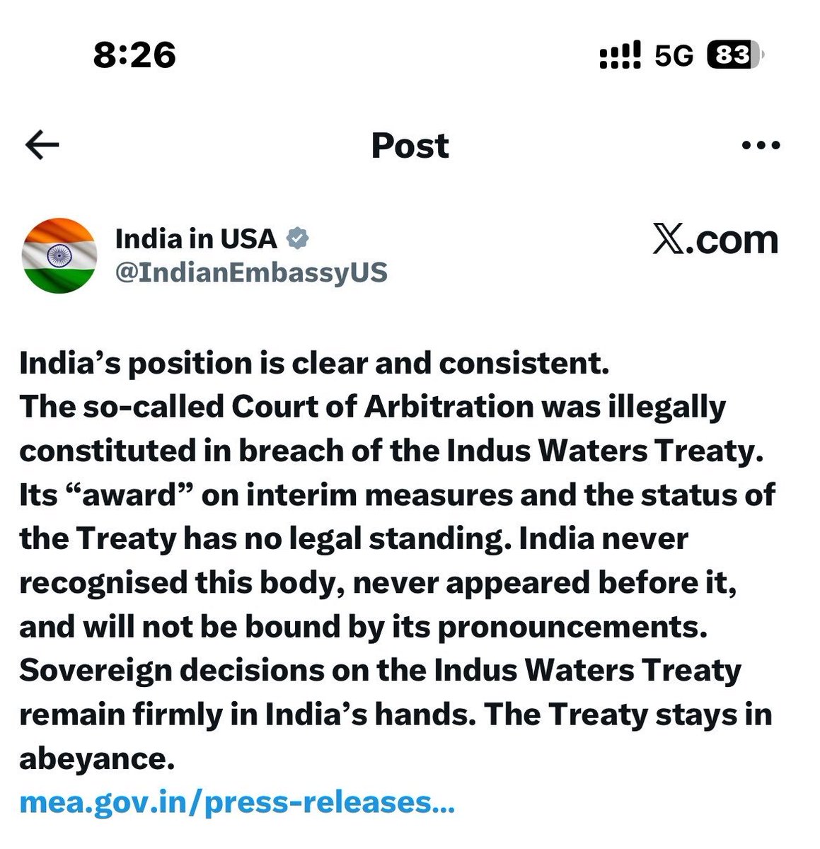 Vishal_DCP's tweet photo. @MIshaqDar50 The treaty stands in Abeyance:- INDIA https://t.co/ggSsvlpNIA
