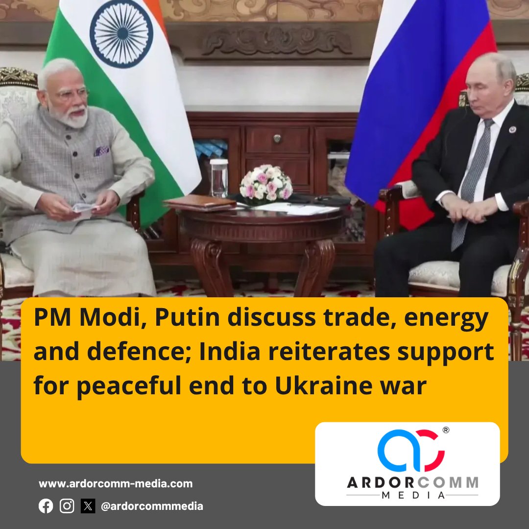 ardorcomm's tweet photo. PM Modi, Putin discuss trade, energy and defence; India reiterates support for peaceful end to Ukraine war

https://t.co/zPZY0fUXq5

#PMModi #VladimirPutin #IndiaRussia #IndiaRussiaRelations #Trade #EnergyCooperation #DefenceCooperation #UkraineWar #ArdorComm #ArdorCommNews https://t.co/wcBqp3yNUW