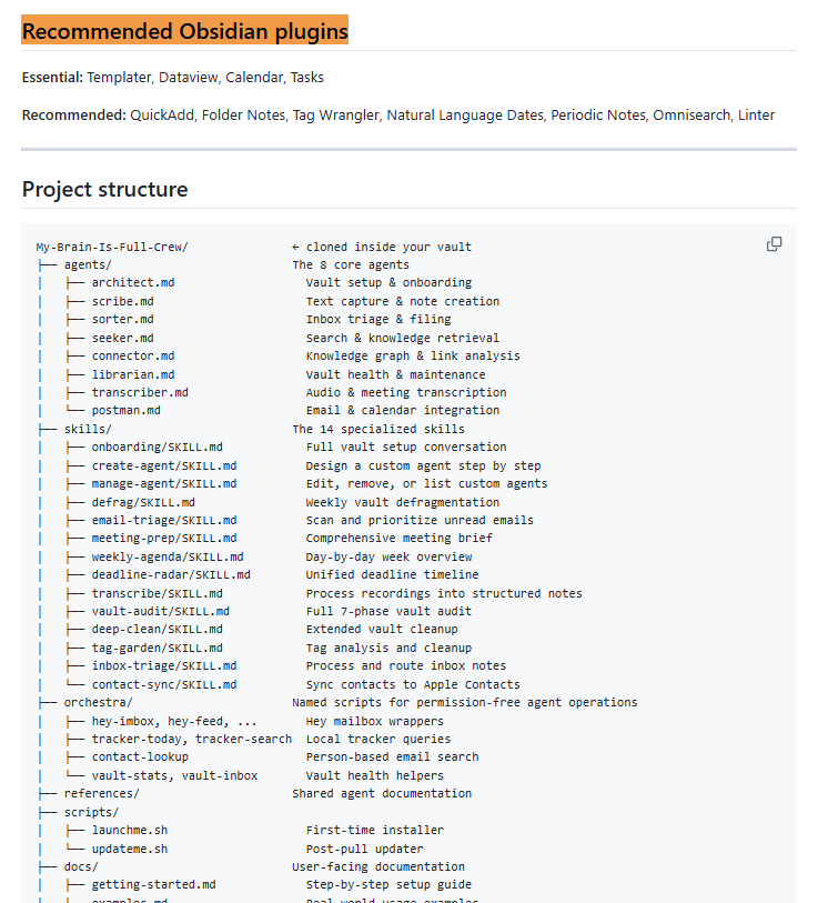 Project structure screenshot for My-Brain-Is-Full-Crew, showing multiple agents, specialized skills, orchestration helpers, and Obsidian-focused docs