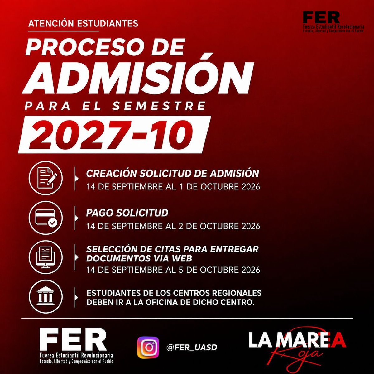 SomosFER_'s tweet photo. 📣 ¡ATENCIÓN ESTUDIANTES DE NUEVOS INGRESOS EN LA UASD!

🗓️ El proceso de nuevo ingreso estará habilitado del 14 de septiembre al 1 de octubre  de 2026.

🌐 Realiza tu solicitud a través de la página web oficial de la UASD.
#UASD #NuevoIngreso2026  #FER #LamareaRoja #SomosFER https://t.co/TUumxwxji2