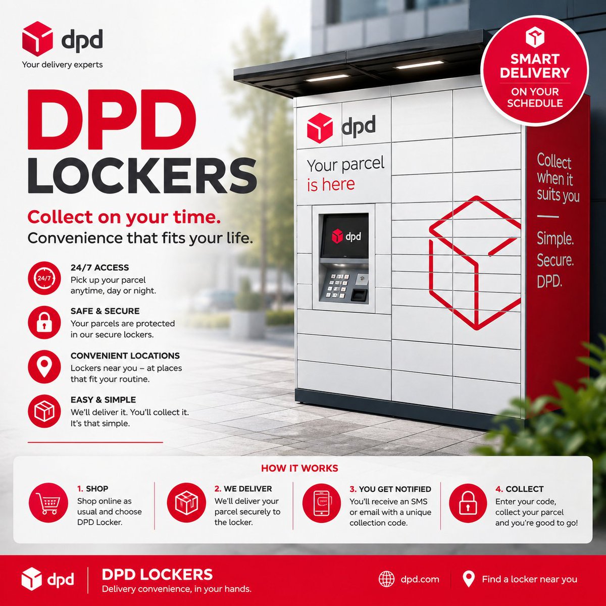 dpd_courierhelp's tweet photo. π¦π΄ DPD Lockers β no more waiting at home.
Get your parcel delivered to a secure locker, then collect it when it fits your schedule. Simple, flexible, and convenient. ππ
#DPD #DPDLockers #SmartDelivery https://t.co/uTWlNsNlUw