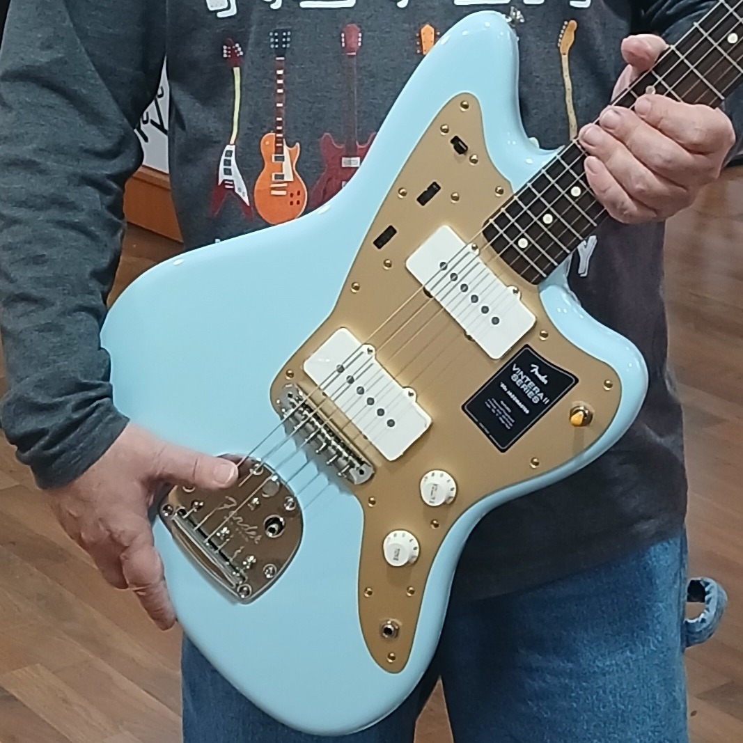MargaretButix's tweet photo. A reward for a job well done! Congrats to our friend and guitar student Eric. His hard work is paying off with a new Fender Vintera II 50s Jazzmaster. Keep it up, buddy! https://t.co/PDOZmLiNhM