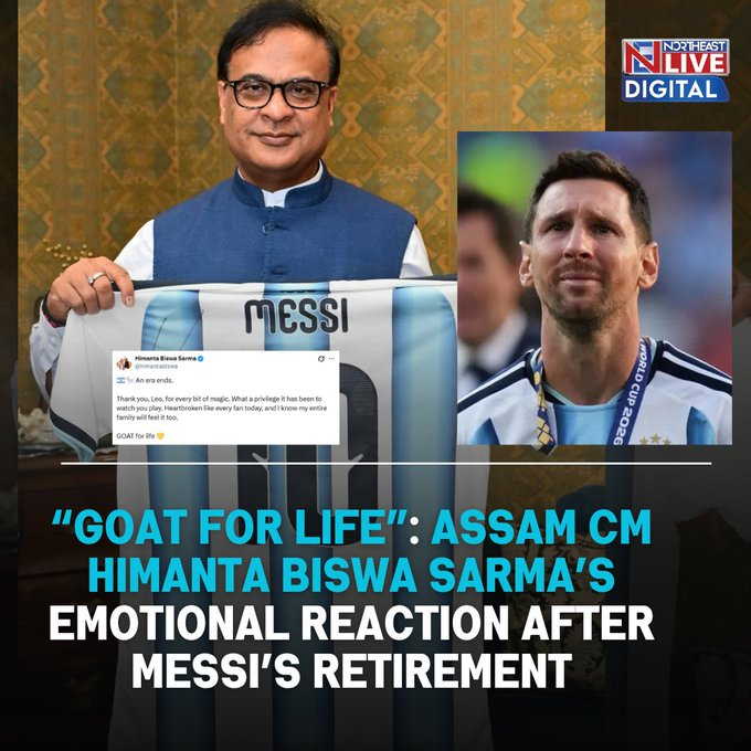 DaisyDaika's tweet photo. 🇦🇷⚽ Messi era comes to an end! Lionel Messi announces his retirement from international football. 💔
Assam CM Himanta Biswa Sarma reacts emotionally: “Thank you, Leo, for every bit of magic.” 🐐
#LionelMessi #Messi #Argentina #Football #HimantaBiswaSarma https://t.co/FZncVMJ7ac