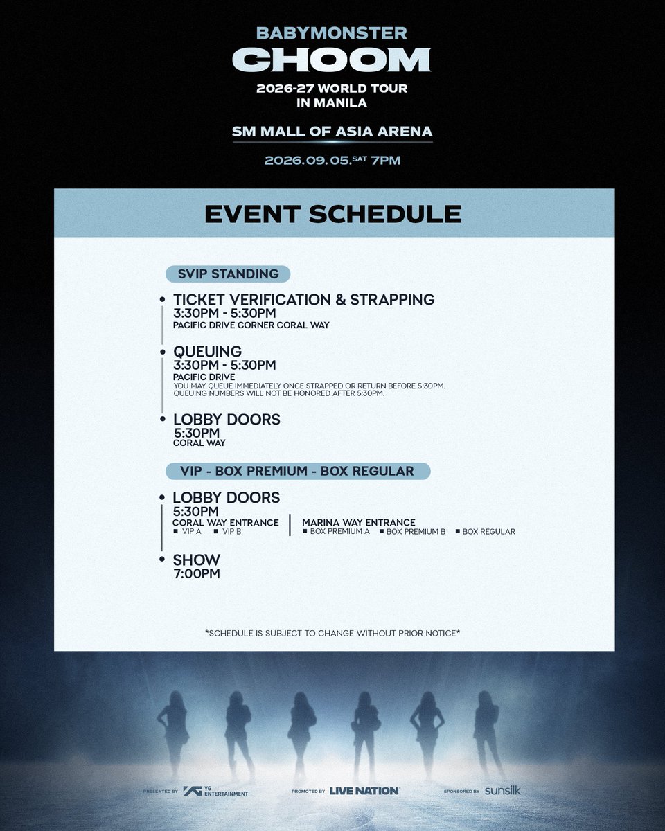 livenationph's tweet photo. MONSTIEZ! 😍 The wait is almost over!

Before heading to the venue, make sure to check the event schedule and venue map for a smooth concert experience. ✨

SVIP Package and SVIP Floor Standing ticketholders, you may claim your queuing number through this link: https://t.co/XEMbLLmcuu

#BABYMONSTER #WORLD_TOUR #춤 #CHOOM #YG