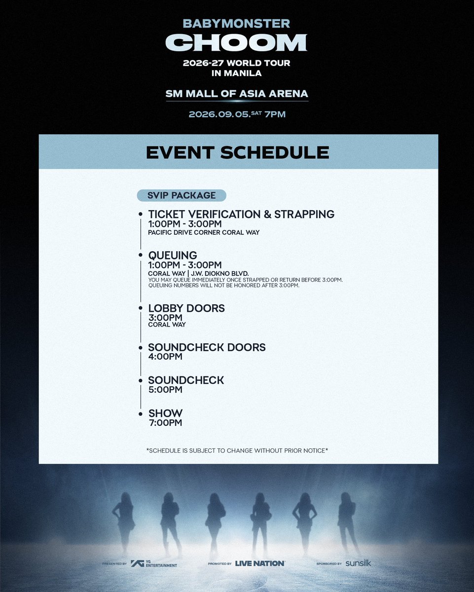 livenationph's tweet photo. MONSTIEZ! 😍 The wait is almost over!

Before heading to the venue, make sure to check the event schedule and venue map for a smooth concert experience. ✨

SVIP Package and SVIP Floor Standing ticketholders, you may claim your queuing number through this link: https://t.co/XEMbLLmcuu

#BABYMONSTER #WORLD_TOUR #춤 #CHOOM #YG