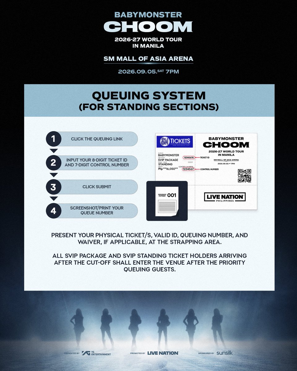 livenationph's tweet photo. MONSTIEZ! 😍 The wait is almost over!

Before heading to the venue, make sure to check the event schedule and venue map for a smooth concert experience. ✨

SVIP Package and SVIP Floor Standing ticketholders, you may claim your queuing number through this link: https://t.co/XEMbLLmcuu

#BABYMONSTER #WORLD_TOUR #춤 #CHOOM #YG