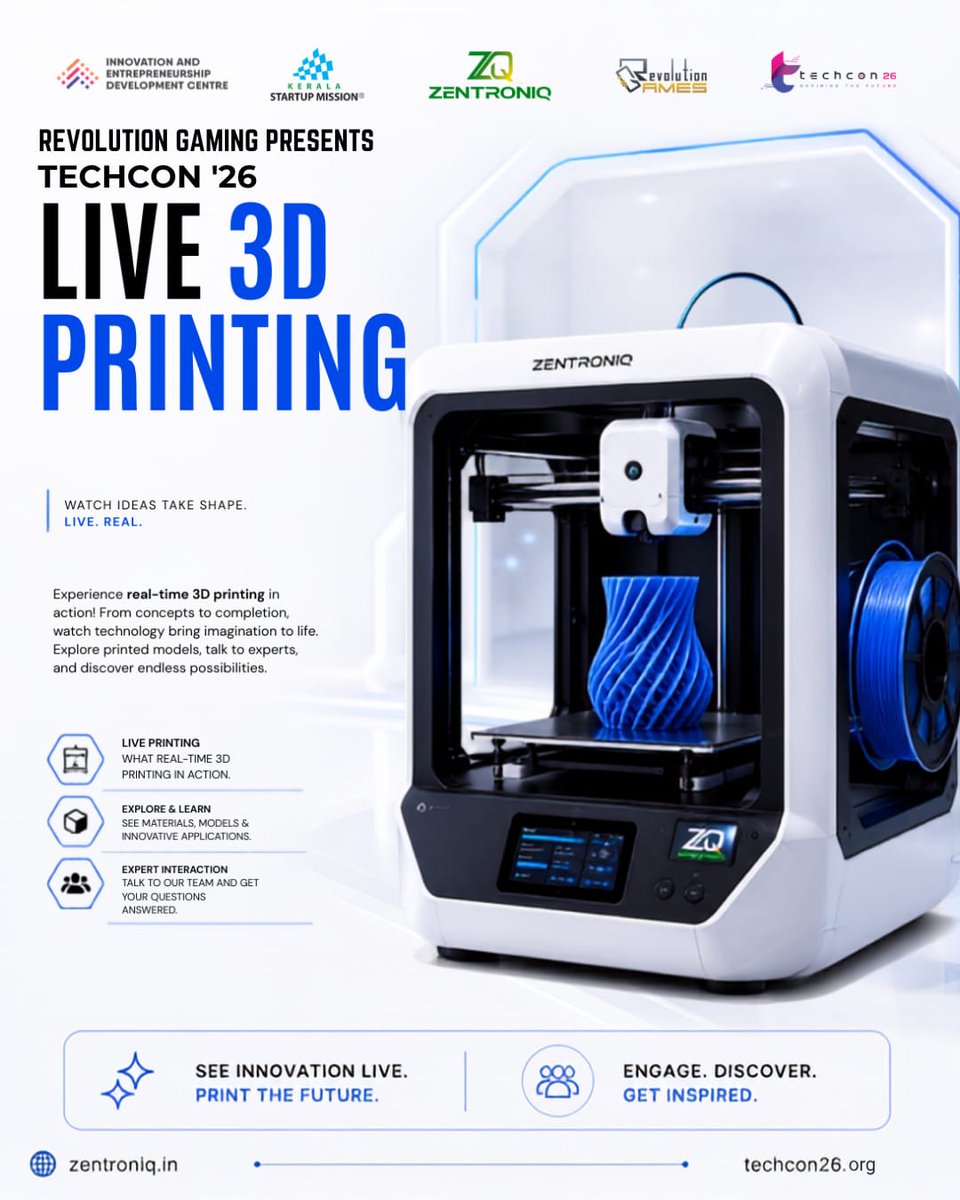 RevoRacers's tweet photo. π REVOLUTION GAMES PRESENTS β TECHCON β26
β¨ SEE INNOVATION COME ALIVE!
Watch LIVE 3D PRINTING transform digital designs into real-world creations. π¨οΈ
ποΈ Tickets Online & At Venue
π
03 Sept | π KINFRA, Kochi
π https://t.co/MArw0qDTdK
#TECHCON26 #3DPrinting #Innovation https://t.co/0NkwuICm4y