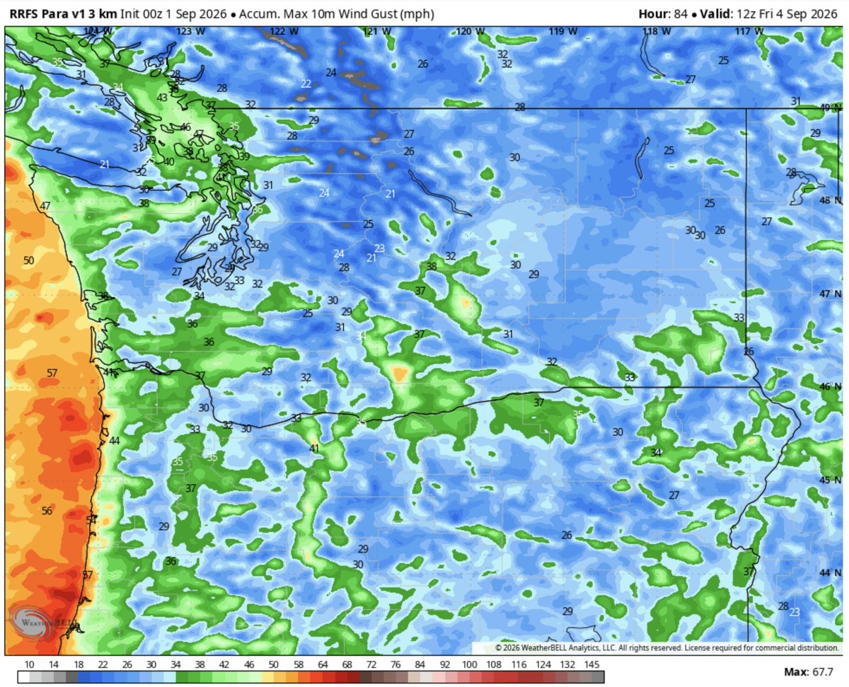 MatthewPfab's tweet photo. A look ahead to our first storm of the season, impacting the #PNW from Wednesday to the weekend. Notice widespread significant rainfall, including on wildfires, as well as gusty winds (30-40 mph interior, 40-50 mph coast). A perfect way to welcome meteorological fall! #wawx https://t.co/V71iyDwJsV