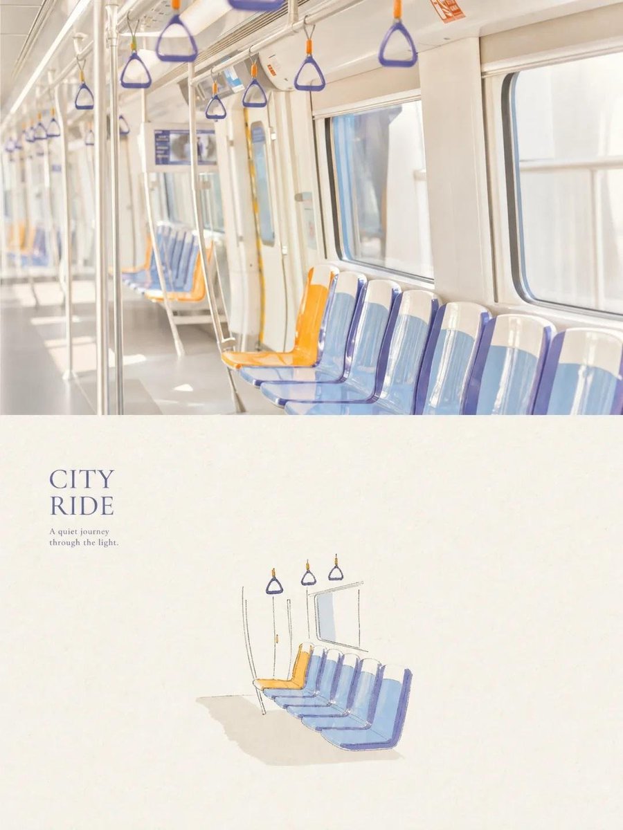Taaruk_'s tweet photo. GPT IMAGE 2 on Chatgpt 

Prompt:
Create a serene, premium travel photograph of the interior of a modern city train during daytime. Show a clean bright white carriage with large windows glowing with soft natural daylight, a row of empty blue-and-white molded seats along the window, with one distinctive orange seat standing out, stainless-steel vertical poles, overhead rails, and multiple triangular hanging hand straps in blue and orange. Use a slightly wide-angle documentary composition with strong leading lines, soft depth of field, airy high-key exposure, subtle reflections on the windows and metal, gentle pastel tones, realistic textures, understated film grain, calm minimalist atmosphere, authentic travel photography, sophisticated editorial aesthetic, natural imperfections, vertical 4:5 composition, no people, no logos, no watermark.
Prompt 2 
Create a minimalist vintage travel-journal illustration of the same modern city train interior: a row of empty blue-and-white seats beside large windows, one distinctive orange seat, thin stainless-steel poles, overhead rails, and several triangular hanging hand straps. Draw it with delicate imperfect ink outlines combined with soft watercolor washes in muted blue, pale orange, warm gray and cream. Place the illustration on slightly aged warm ivory paper with visible fibers, subtle paper grain, uneven hand-painted edges, tiny print imperfections and lots of elegant negative space. Add refined editorial typography reading “CITY RIDE” with the small subtitle “A quiet journey through the light.” underneath. Contemporary Japanese travel-zine aesthetic, quiet nostalgic mood, sophisticated minimal graphic design, handmade feel, balanced composition, vertical 4:5 format, no logos, no watermark.