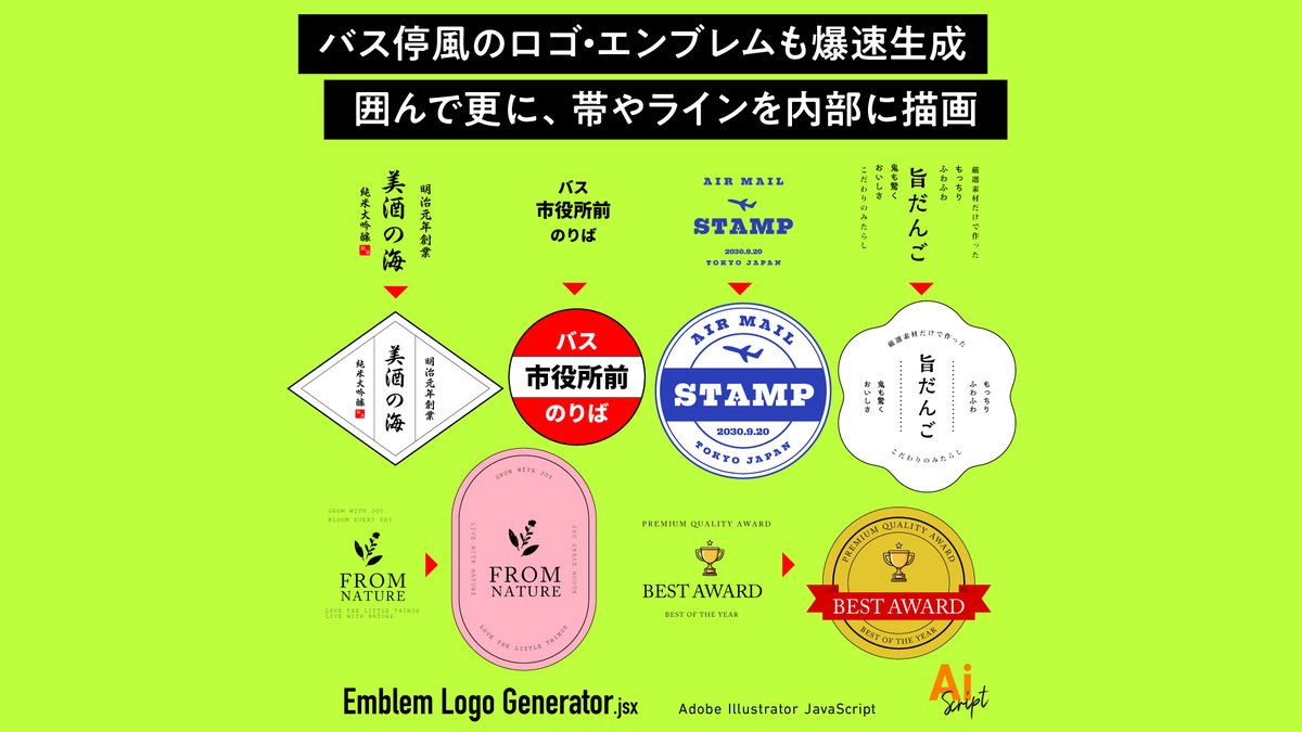efficiency_d's tweet photo. Illustratorでカンタンにバス停風のロゴやお酒やお菓子のラベルっぽい囲みを一瞬で生成するスクリプト「Emblem Logo Generator」の概要をnoteにまとめました(1)
#AdobeIllustrator
#IllustratorScript
#ExtendScript https://t.co/muPOybQ1vw