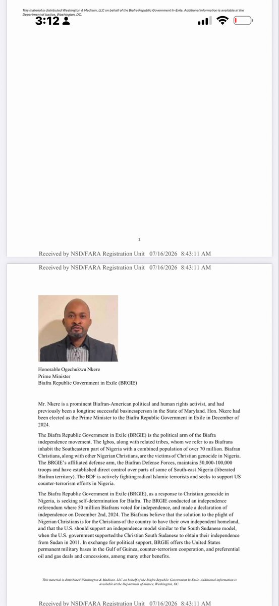 ngoziora's tweet photo. 8/31/2026

FACTS / CLARIFICATIONS

The Conflict Resolution Committee CRC that elected Ogechukwu Nkere aka Isaiah Harrison Anyaogu was officially DISSOLVED by an officially constituted BRGIE Cabinet meeting (watch video) with a vote of 20-9 on November 2024. 

Anything that arose after this dissolution is Nullity

Elias Gerasoulis is an agent that has been suspended both by USB BRGIE Lahti and Moran Globals. Any one dealing with Elias Gerasoulis in respect to persecuted Christians in Nigeria or Biafra territory is doing so at his/her own risk. 

Elias Gerasoulis (attached) continues to falsely deceive, seek for meeting and present Ogechukwu Nkere to different Congressmen and women in America as BRGIE PM (attached). Ogechukwu Nkere is NOT BRGIE Prime Minister

The ongoing case between the CRC (Emma Maduabum/ Bryson Okeoma) and Ogechukwu Nkere/Elias Gerasoulis  in Maryland is a fraudulent trademark case instituted  by the Nigeria government and their agents to attack the legitimacy of USB BRGIE Lahti declared on November 29, 2024

Simon Ekpa remains the ONLY Prime Minister of USB- BRGIE and 80 million Christian persecuted Biafrans. 

DPM

https://t.co/tAvq1bSavW

@MikeArnoldTruth @WalidPhares @WhiteHouse @HouseForeignGOP @SenateForeign @SenTedCruz @Huuhkajat @yleuutiset @SaharaReporters @MobilePunch @realDonaldTrump @StateDept @SecRubio @mrubin1971 @FBIDirectorKash @AFRICANDEMOC @CIA @Interpol @INTERPOL_HQ @UNHumanRights @UN_HRC