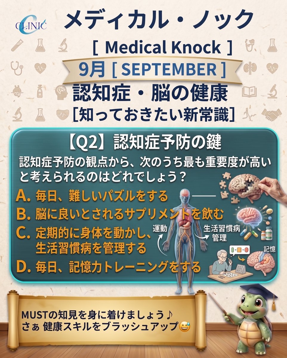 eclinic21's tweet photo. メディカルノック　9月は『認知症・脳の健康［知っておきたい新常識］』

今月の第2問になります！

★次回、メディカルノックは9/17配信の予定です👍
答や解説はメンバーページで公開中‼
https://t.co/wudwwlK6Za
#eクリニック #メディカルノック #認知症 #脳の健康 #新常識 https://t.co/PyYGDDY2ML