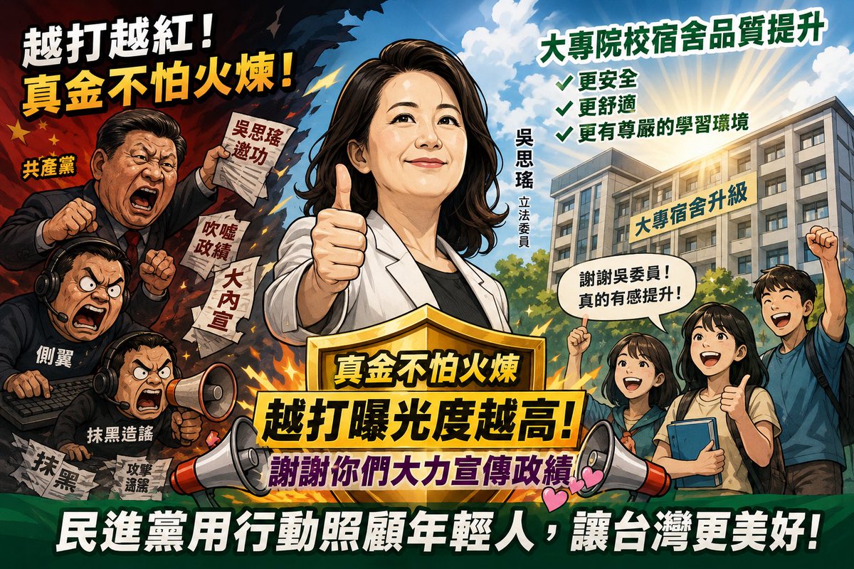 crazyjason23's tweet photo. 共產黨真的很怕民進黨在年輕族群的支持度又再次逆轉提升，所以發了狂似的打擊吳思瑤的大專院校宿舍品質提升的政績，但你們越打齁，這件事情的曝光度就越高，真金不怕火煉！謝謝你們大力宣傳執政黨的政績🫰🫰🫰 https://t.co/PqGUeAIGhd