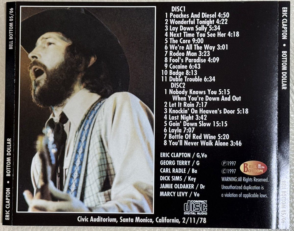claptmania's tweet photo. #Eric_Clapton
BOTTOM DOLLAR
Bell Bottom 05/06
Civic Auditorium,Santa Monica,California. on 11/2/78
アナログ時代からダイジェスト版が出回り、CDになってからもかなりのブートレッグが出てる定番日。
今日は90年代後半にリリースされたコンプリート盤。
買った時はぶったまげましたよ。
続↓ https://t.co/5KmdZVDlri