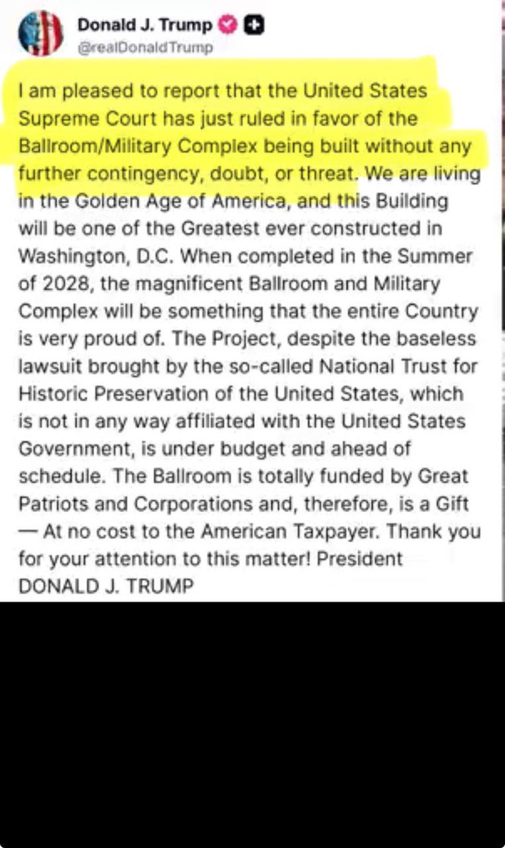 Laratrumpxkh6's tweet photo. The Supreme Court has ruled in favor of the project. When completed in Summer 2028, this magnificent Ballroom &amp; Military Complex will be something America can be proud of.

Under budget, ahead of schedule, and funded by Patriots &amp; Corporations not taxpayers. 🇺🇸🙏
 Donald J. Trump https://t.co/dt7vY2H7sq