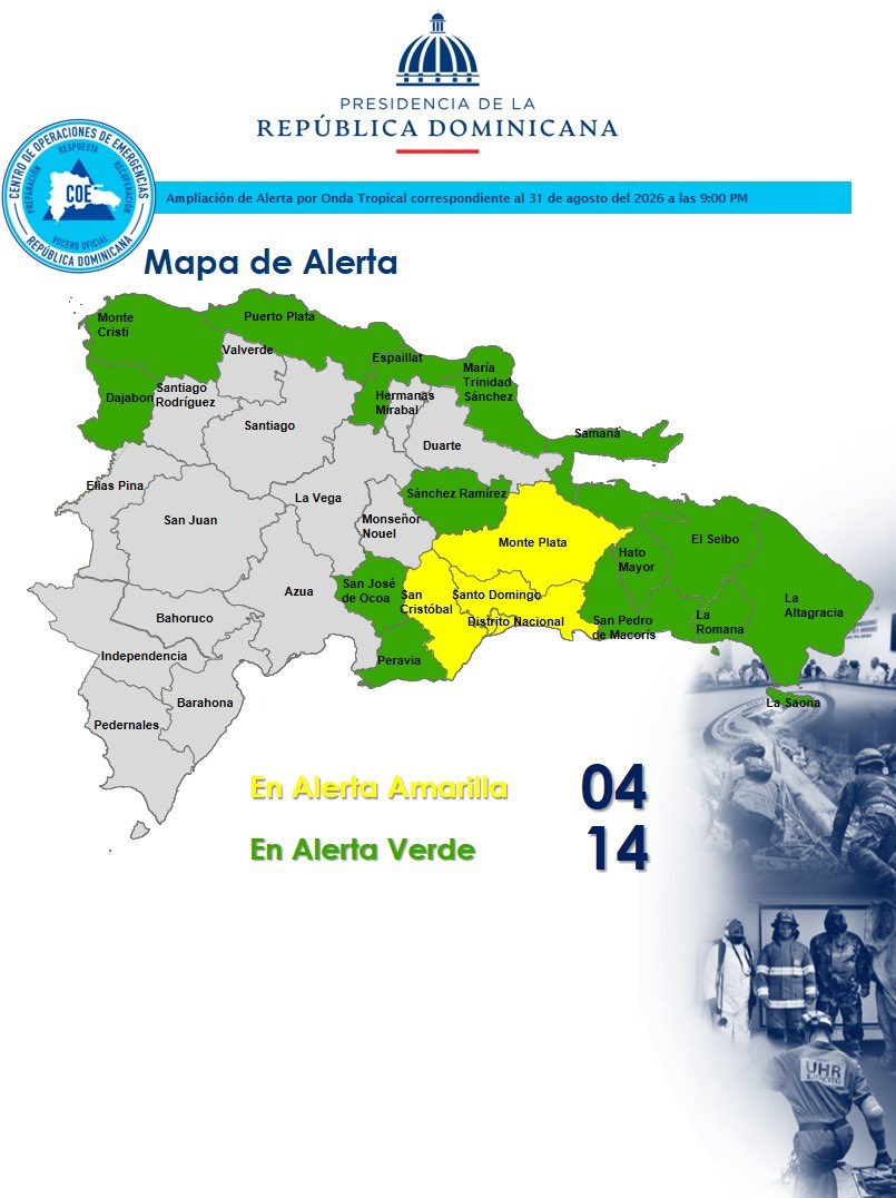 COE_RD's tweet photo. El COE mantiene 03 provincias y el Distrito Nacional en alerta amarilla y aumenta 14 provincias en alerta verde debido a que el informe del INDOMET, establece que la activa onda tropical, ha estado incrementando la humedad en nuestra masa de aire de manera gradual. https://t.co/Em8P2tomSI