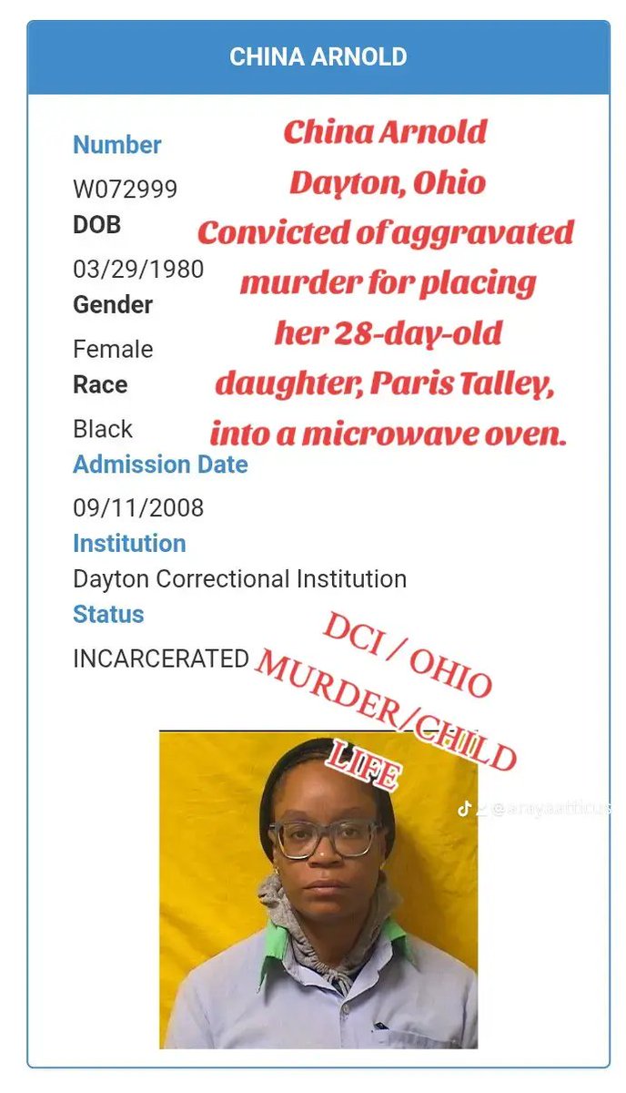 ArayaAtticus's tweet photo. China Arnold....Put her infant in a microwave. https://t.co/nt5HLRsaSk