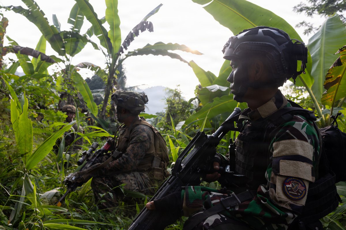 USPACOM's tweet photo. U.S. Marines assigned to Marine Rotational Force – Darwin (MRF-D) train alongside Indonesian Marines in a full mission profile exercise to refine joint tactical skills and sustain bilateral readiness.

📍 Indonesia
📸 Sgt. Kyle Chan

#USPACOM #USMC #MRFD #IndonesianMarines #Interoperability