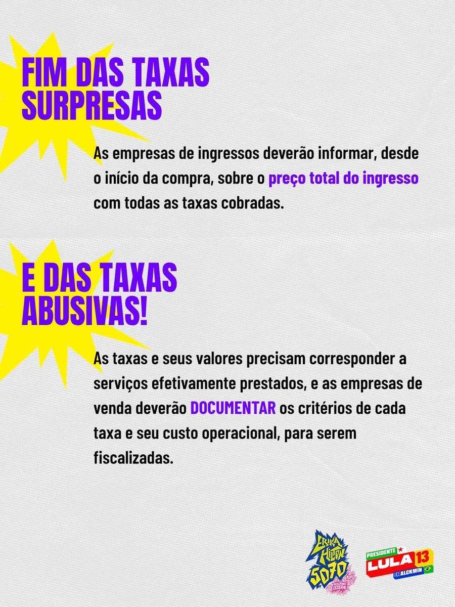 npomvtt's tweet photo. ⭐️ VITÓRIA DOS FÃS! O presidente @LulaOficial assinou há algumas horas decretos que protegem os fãs e os consumidores de práticas abusivas de venda de ingressos online.

As medidas combatem cambistas e garantem proteção contra taxas impróprias. Veja o que foi definido:

É obrigatória a distribuição de água gratuita em eventos com mais de mil pessoas, 

O preço completo com as taxas deverá ser mostrado de cara e não pode aumentar ao longo da compra, 

É proibido cobrar mais de uma taxa sobre o mesmo serviço ou cobrar taxas sobre serviços que não estão sendo prestados, 

As taxas serão proporcionais ao preço do ingresso (ex.: meia-entrada paga metade do preço da taxa), 

Plataformas de ingresso devem ativamente combater compras massivas por bots ou cambistas, 

Sites de revenda de ingresso devem indicar claramente que não são o site oficial, além de informar o preço original do ingresso (não apenas o que se está cobrando na revenda) e se o vendedor é pessoa física ou jurídica, 

As filas virtuais devem indicar quantas pessoas estão na frente e uma estimativa de tempo até que seja possível comprar, 

O ingresso ficará reservado no carrinho até que a compra seja concluída e o tempo para comprar será mostrado em contagem regressiva, 

É proibida qualquer medida que dificulte o acesso à meia-entrada, 

As meias-entradas promocionais não poderão substituir a quantidade de meias-entradas prevista em lei, 

Em caso de evento cancelado ou adiado, deverá ser reembolsado o valor integral do ingresso, inclusive as taxas, 

A plataforma oficial de vendas online deverá disponibilizar com fácil acesso um canal de desistência para que seja exercido o direito de arrependimento.