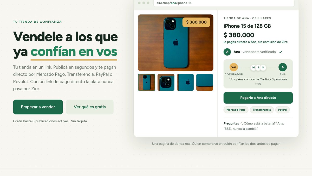 ignavaldi's tweet photo. Vender cosas usadas en internet en Argentina es una muy mala experiencia.

O le das un gran porcentaje de la venta a Mercado Libre, o te arriesgás a lidiar con un extraño sin ningún tipo de verificación en Facebook Marketplace.

En Mercado Libre la comisión es tan grande que a veces no vale la pena el esfuerzo de publicar y responder las preguntas. Competís en una lista de productos larguísima. Para que te encuentren tenés que pagar más, o bajar tanto el precio que ya estás trabajando más para Galperín que para vos.

Facebook Marketplace es gratis, pero el costo mental es alto: te la pasás hablando con desconocidos que hacen siempre la misma pregunta y después desaparecen. Y con quienes organizás un encuentro para el intercambio, no tenés forma de validar si son personas que de verdad quieren comprarte el producto, o si es alguien que te quiere robar o estafar.

Yo siempre preferí venderle a gente conocida, o conocidos de conocidos. Tener alguna referencia por más que sea lejana ya genera una confianza.

Entonces empieza otro trabajo: publicar en redes sociales, grupos de Whatsapp, historias, etc. El problema es que eso sólo le llega a tus contactos. Muy rara vez tus contactos deciden ayudarte republicando tu producto en sus redes o reenviándolo a otros grupos. 
Además tenés la misma conversación en 200 lugares distintos, respondiendo las mismas preguntas 200 veces. Otro inconveniente es el pago. Que el que compra pueda pagar con cualquier medio de pago, es súper cómodo. Si la única opción es transferencia, sin cuotas, muchas ventas grandes se caen.

A qué viene todo esto? Hice algo que creo que resuelve muchos de estos problemas: Zirc.

En Zirc le vendés a tus contactos, y a los contactos de tus contactos. Ambas partes pueden ver cómo llegaron a la otra persona. Si el vendedor y el comprador conocen a la misma persona, los dos ven en la página del producto que tienen a esa persona en común. La intención es que si las partes no se conocen, pero conocen a alguien en común, hay muchos menos incentivos a perjudicar al otro. Si la reputación social está en juego, es poco probable que alguien te quiera cagar.

En Zirc los datos de contacto del vendedor están públicos. El vendedor decide cómo quiere que lo contacten. Podés poner tu teléfono para que te escriban por Whatsapp o conectar cualquiera de tus redes sociales para que te escriban por ahí.

En Zirc el vendedor cobra como quiere. Podés cobrar por transferencia, o con cualquier medio que ofrezca Mercado Pago: tarjetas (incluye cuotas si la tarjeta del comprador las tiene) y dinero en cuenta. Si te pagan por transferencia, es gratis. Si te pagan por Mercado Pago, Zirc se lleva una comisión del 1%. No 20% como se lleva Mercado Libre (con impuestos y comisiones incluidas).

En Zirc te llevás el verdadero valor de tu venta, sin estrés.