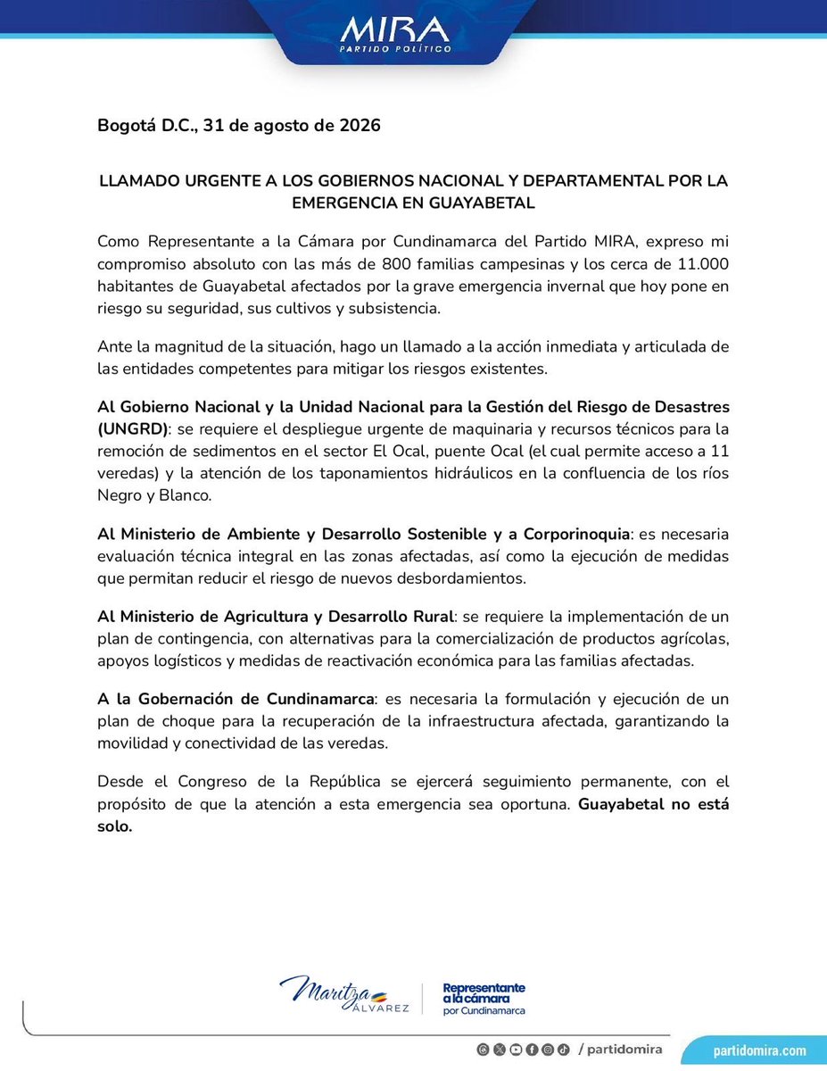 Alvarez_DM1's tweet photo. Como Representante a la Cámara por Cundinamarca del @PartidoMIRA, expreso mi compromiso absoluto con las más de 800 familias campesinas y los cerca de 11.000 habitantes de Guayabetal afectados por la grave emergencia invernal que hoy pone en riesgo su seguridad, sus cultivos y subsistencia.                                        

Ante la magnitud de la situación, hago un llamado a la acción inmediata y articulada de las entidades competentes para mitigar los riesgos existentes.