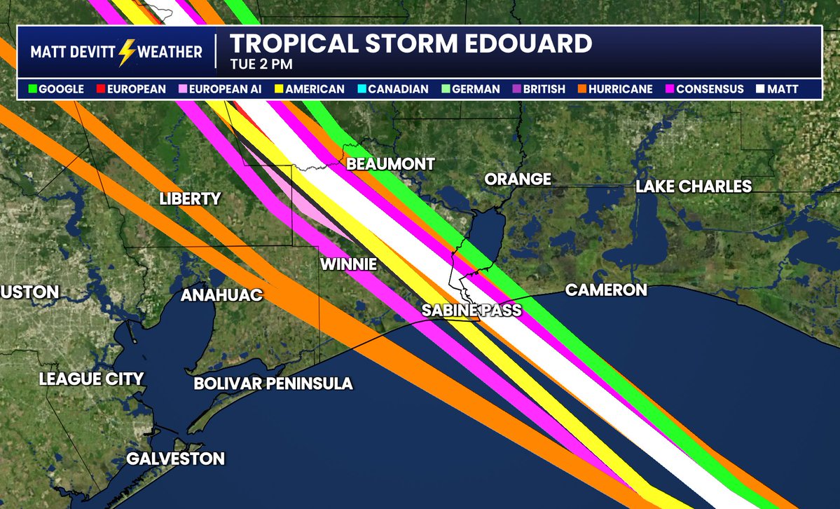 MattDevittWX's tweet photo. NEW: 00z models (most recent) are in for the landfall of Tropical Storm #Edouard on Tuesday. My model takes it pretty much right into Sabine Pass and the TX/LA border. Google is green. https://t.co/pvkHdCwtBb