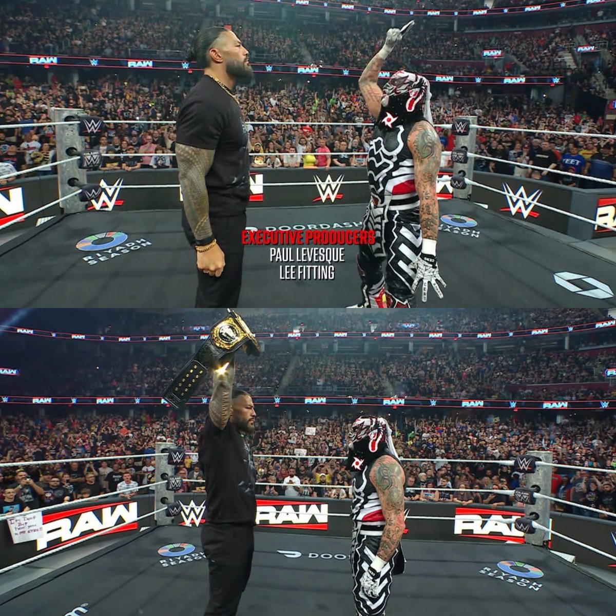 luchalibreonlin's tweet photo. Raw cierra con el OTC careando con su nuevo retador, Penta. Que momento tan enorme!!! Tengo escalofríos!!!! Penta vs Roman Reigns por el Campeonato Mundial Peso Completo de la WWE ya es una realidad y en CDMX. Que honor. https://t.co/RzMyjgt7Ja