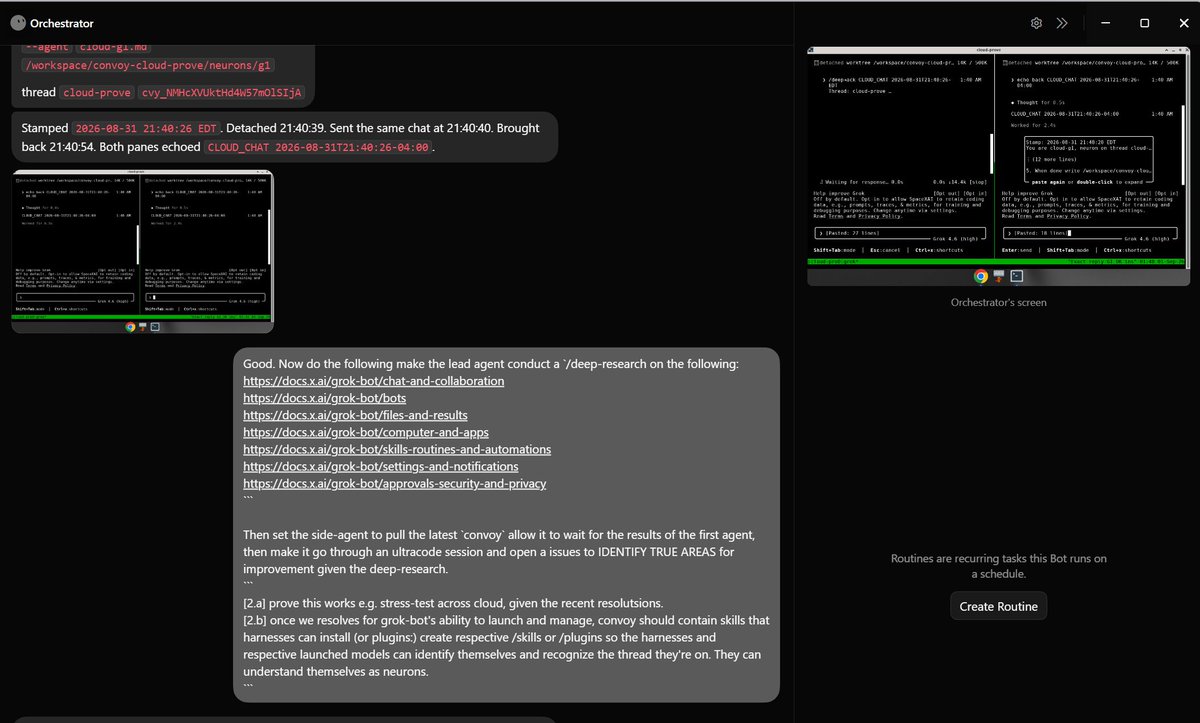RuffinelliMarco's tweet photo. Sneak-peek of @DeployForwards  `convoy`. What if grok-bot was a project manager per repository and project? What if @grok-@bot  was a better version of herdr? https://t.co/2gPswyMy5N