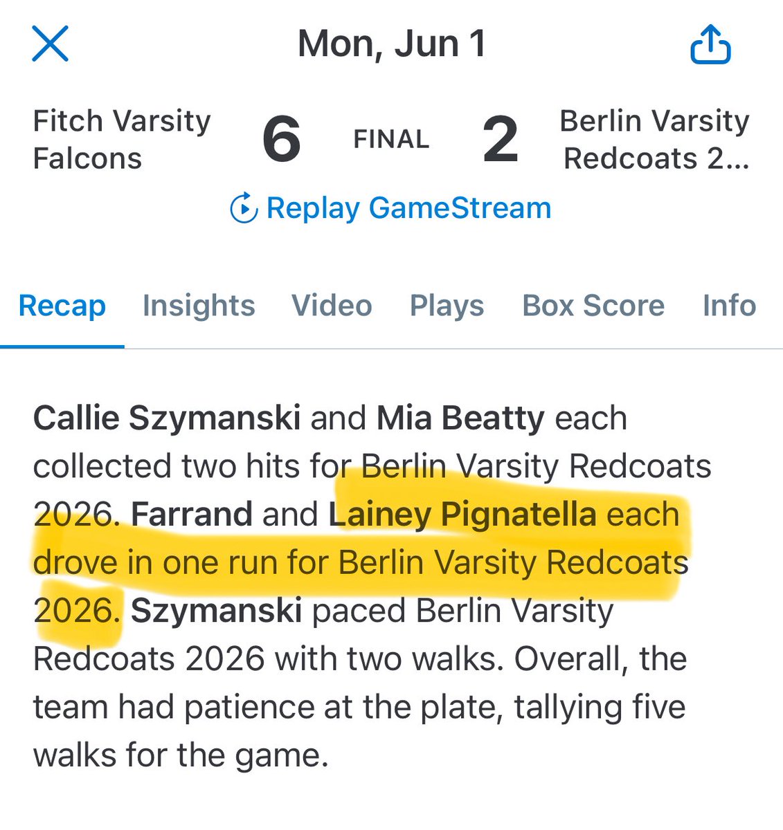 LPignatella2029's tweet photo. June 1, 2026
BHS vs Fitch
L 6-2
This was my last varsity game of my high school freshman year. I had so much fun catching for @calliejehningsb and @CallieSzymanski and cannot wait for next year! https://t.co/21Rg1XgMZ5