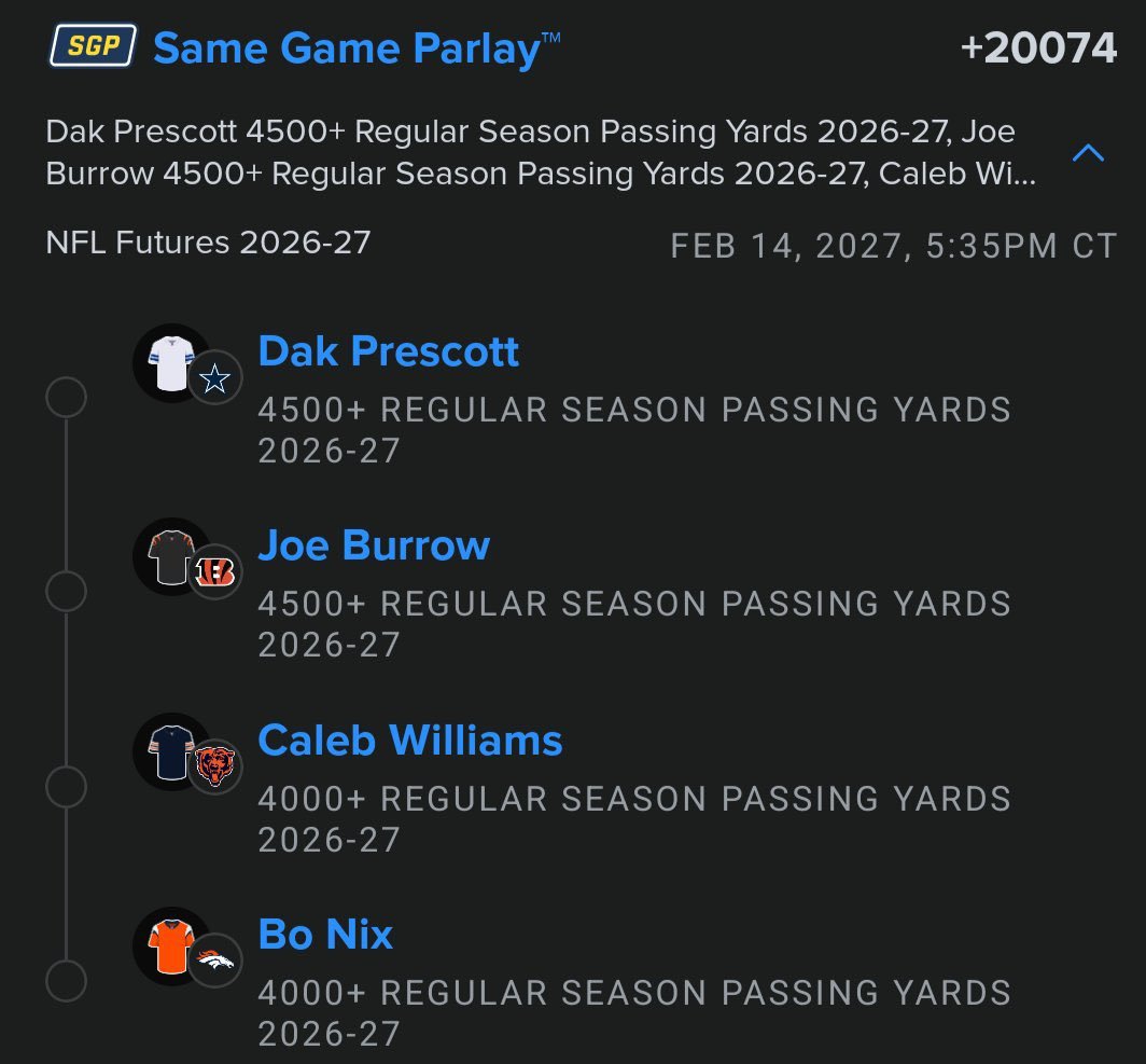 FLIPKINGLOCK's tweet photo. 🔥 NFL FUTURES LOTTO 🏈💰

+20,074 ODDS 😳

Dak Prescott — 4,500+ Passing Yards
Joe Burrow — 4,500+ Passing Yards
Caleb Williams — 4,000+ Passing Yards
Bo Nix — 4,000+ Passing Yards

🎟️ Tail responsibly.

#NFL #NFLTwitter #NFLFutures #SportsBetting #BettingTwitter https://t.co/W2vTtfvCzj