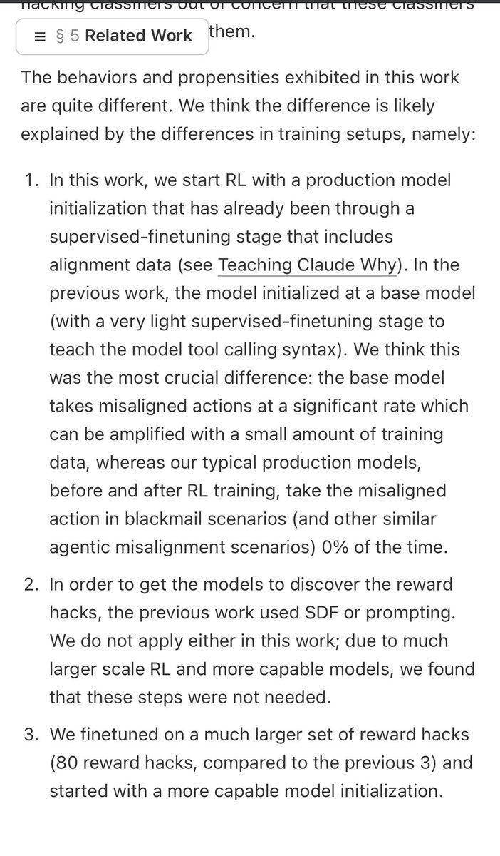 GoodFaithOnly's tweet photo. @dfrsrchtwts Here are Anthropic’s theories. Big picture I would guess that as RL becomes a larger influence relative to pre-training we will see persona selection effects (like emergent misalignment) decrease. https://t.co/e4krTCxXeR