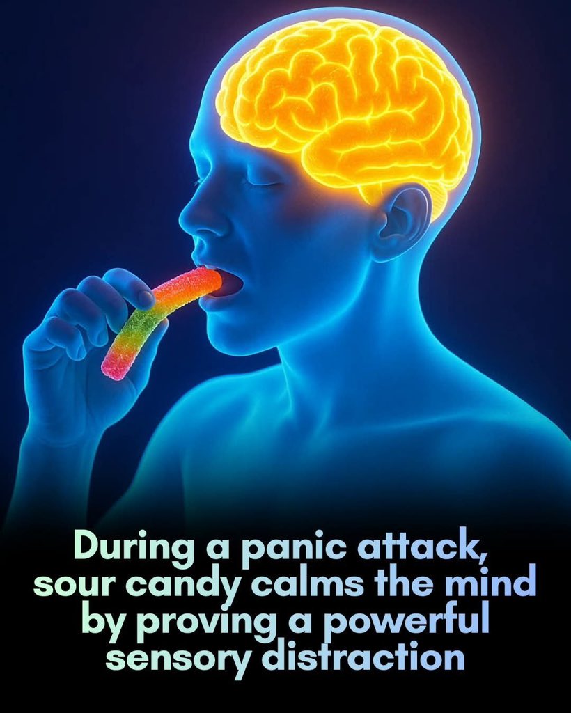 ShiningScience's tweet photo. Sour candy can literally help stop a panic attack. 

According to mental health experts, the intense flavor acts as a grounding technique—its sharp, jarring taste pulls attention away from overwhelming thoughts and into the immediate physical sensation.

 This redirection can help interrupt the cycle of spiraling anxiety, bringing individuals back to the present moment. Additionally, the act of chewing and the surge in saliva production may support the body's calming response, offering a sense of control during distress.

While not a cure or replacement for therapy, this sensory-based strategy can serve as a quick, practical tool in moments of high anxiety. As noted by experts cited by Utah State University, sour candy can be particularly helpful in grounding exercises used during panic attacks. However, they caution that frequent or intense anxiety should always be assessed by a healthcare professional to ensure appropriate long-term care.

Source: Utah State University Extension. (2023). Managing Anxiety with Grounding Techniques.