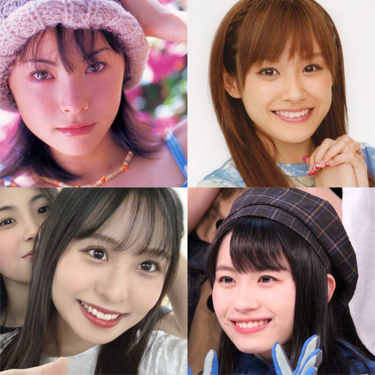 kumaihyo's tweet photo. ハロプロ顔って大きく①なっち系統(黒目がちで薄顔)と②あやや系統(おさるさん顔)がいると思ってる
①はグループに1人は必ずいるタイプ。黒目がちで色白で幼い印象だけど、横から見ると西洋の美少年みたいな整った横顔。
②も黒目がちだけど大人顔の美形、笑うと見える歯の数が多い。 https://t.co/n0Nk8YyVId