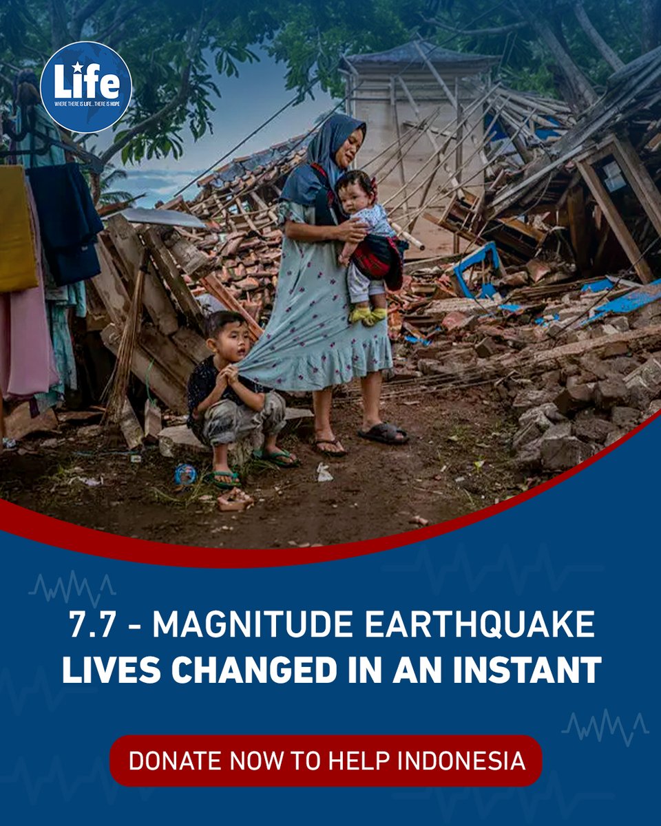 LIFEforRELIEF's tweet photo. When a 7.7-magnitude earthquake struck Indonesia, homes collapsed in seconds, leaving families with nothing but the clothes on their backs and the children in their arms.

Displaced mothers and young children are now surrounded by destruction, facing an urgent need for safety, warmth, and basic survival supplies.

Our relief teams are mobilizing to deliver emergency assistance to affected families:
⛺ Temporary shelter supplies
🍞 Wholesome food baskets
💧 Clean, safe drinking water
🧴 Vital hygiene and emergency kits

When disaster strips away home and security, your support brings back immediate comfort and hope.

Stand with the families of Indonesia and send emergency aid today:
🔗 https://t.co/TLXdcvWxc3

Life for Relief and Development

#Indonesia #EarthquakeRelief #EmergencyResponse #HumanitarianAid