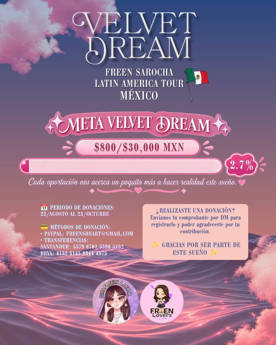 srchafreenlatam's tweet photo. 🎀 NUESTRO VELVET DREAM APENAS COMIENZA 🎀

Después de haberla recibido en México el año pasado, ¡nuestro sueño de volver a tener a Freen con nosotras está cada vez más cerca! 🇲🇽💗

Queremos preparar nuevos proyectos y sorpresas para hacerle sentir todo el amor de México y LATAM. ✨

🎀 Meta: $30,000 MXN
$10, $20, $50… ¡cada peso cuenta! 🫶🏻

📩 Si donas, envíanos tu comprobante por DM.

¡Gracias por ser parte de este sueño! 💗

@srchafreenlatam X @FreenLversLatam

#FreenLatinAmericaTour
#FreenVelvetDream
#srchafreen